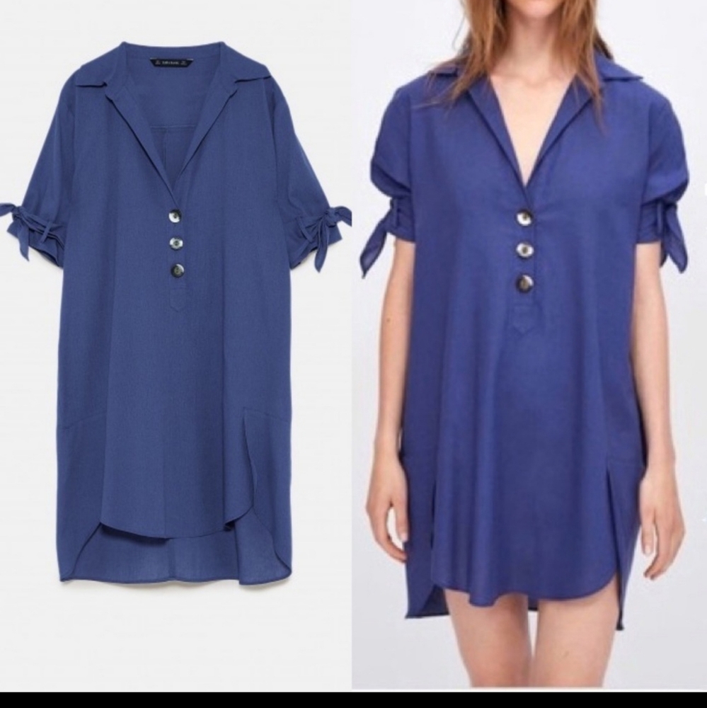 Zara Blue Linen Blend Tunic Mini Dress Size Small
